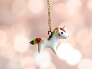 adorable porcelain pendant unicorn with rainbow mane and tail, gold, handmade, one of a kind by kness
