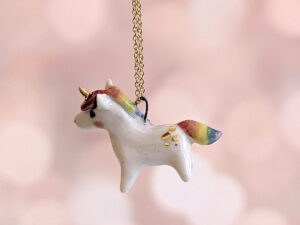 adorable porcelain pendant unicorn with rainbow mane and tail, gold, handmade, one of a kind by kness
