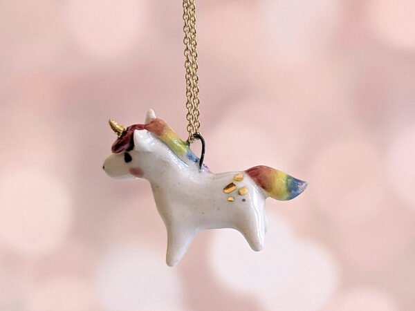 adorable porcelain pendant unicorn with rainbow mane and tail, gold, handmade, one of a kind by kness