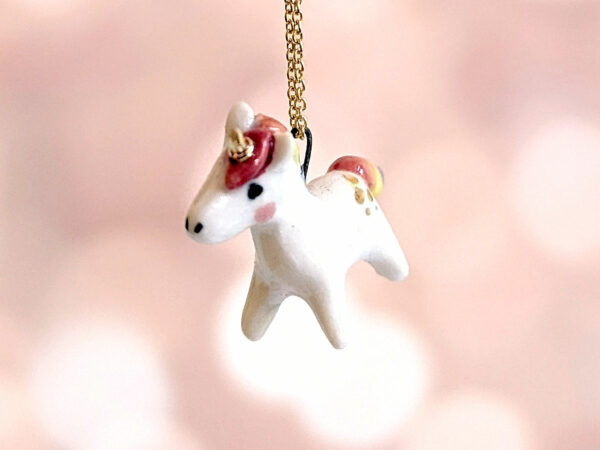 adorable porcelain pendant unicorn with rainbow mane and tail, gold, handmade, one of a kind by kness