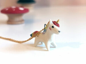 adorable porcelain pendant unicorn with rainbow mane and tail, gold, handmade, one of a kind by kness