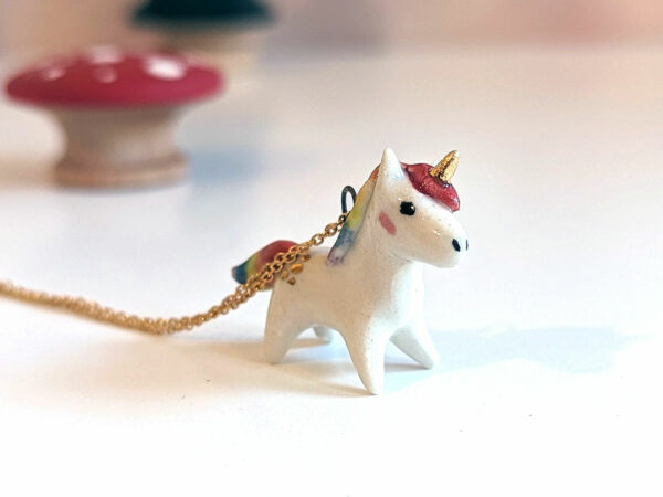 adorable porcelain pendant unicorn with rainbow mane and tail, gold, handmade, one of a kind by kness