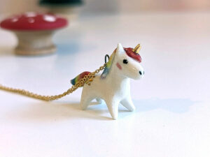 adorable porcelain pendant unicorn with rainbow mane and tail, gold, handmade, one of a kind by kness