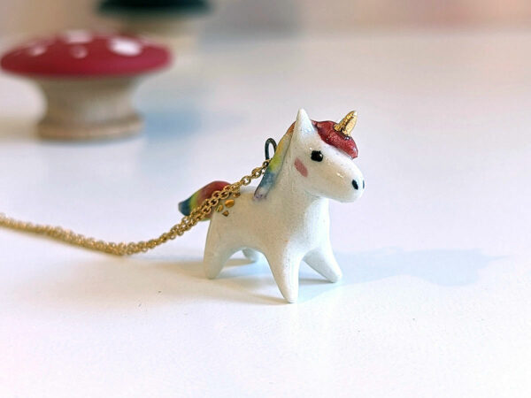 adorable porcelain pendant unicorn with rainbow mane and tail, gold, handmade, one of a kind by kness