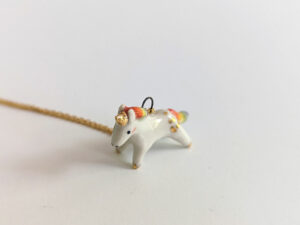 adorable porcelain pendant unicorn with rainbow mane and tail, gold, handmade, one of a kind by kness