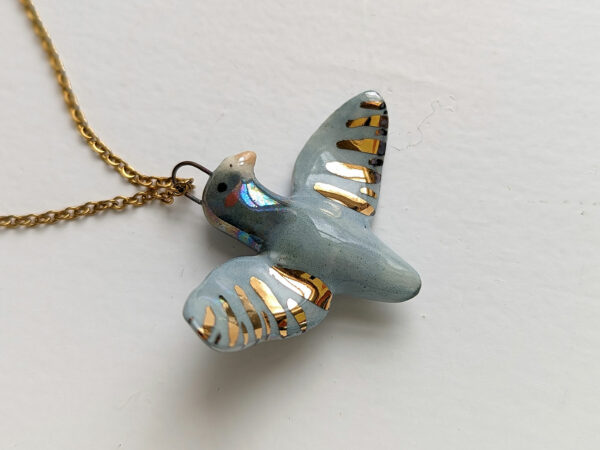 porcelain pigeon pendant handmade and cute with pearl and gold