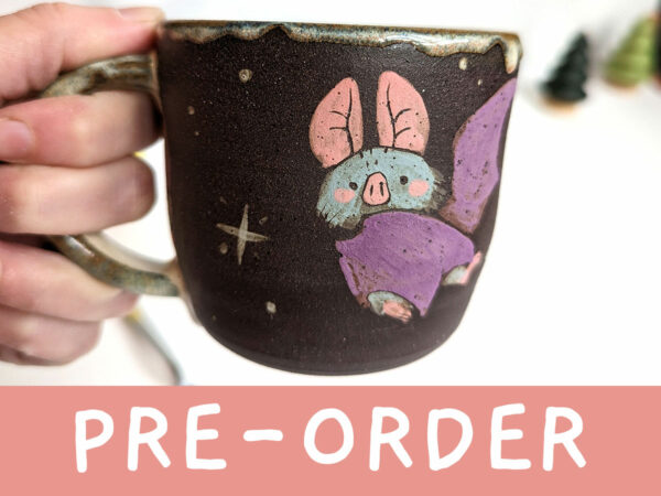 pre order black stoneware mug with bats