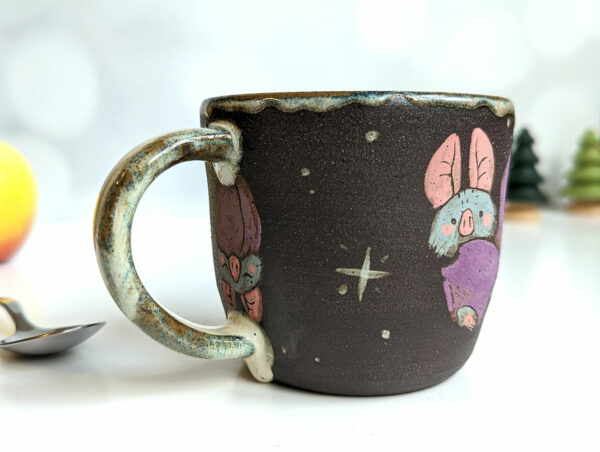 cute bat mug handmade black stoneware