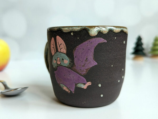 cute bat mug handmade black stoneware