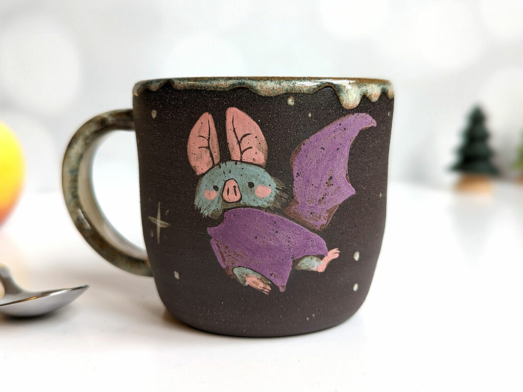 cute bat mug handmade black stoneware