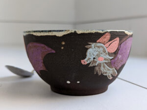 black stoneware handmade bowl with bats cute kness