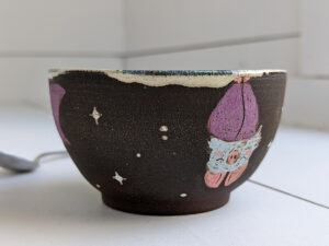 black stoneware handmade bowl with bats cute kness