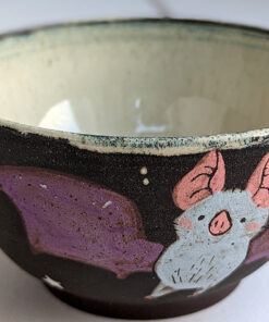 black stoneware handmade bowl with bats cute kness
