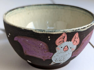 black stoneware handmade bowl with bats cute kness