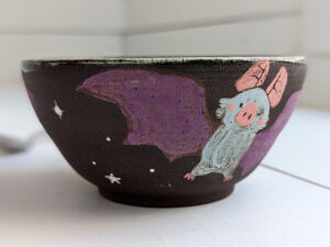 black stoneware handmade bowl with bats cute kness