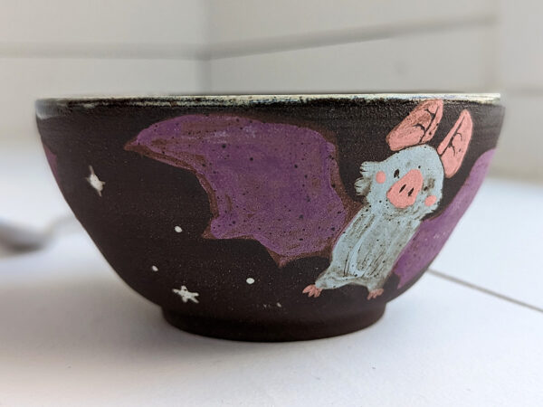 black stoneware handmade bowl with bats cute kness