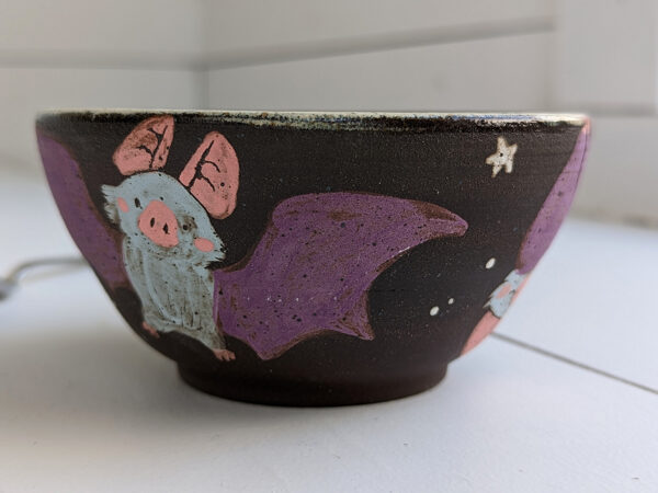 black stoneware handmade bowl with bats cute kness