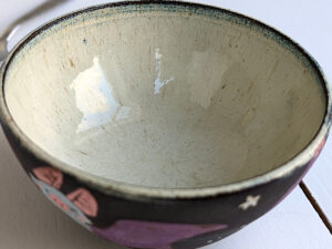 black stoneware handmade bowl with bats cute kness