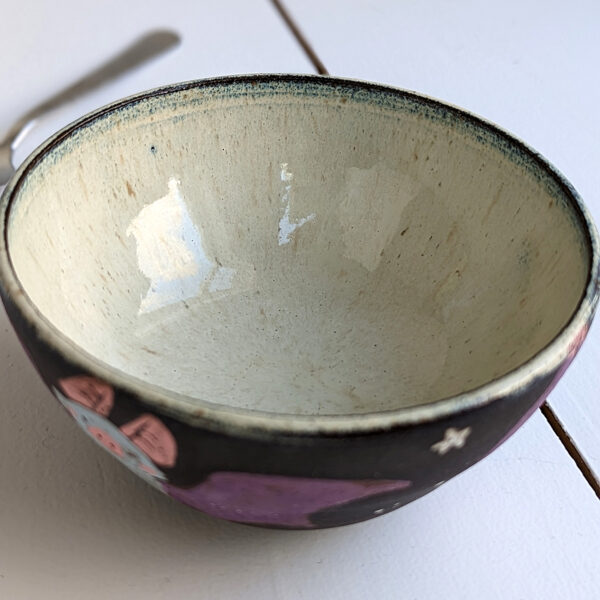 black stoneware handmade bowl with bats cute kness