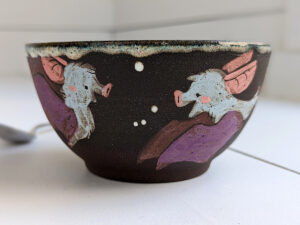 black stoneware handmade bowl with bats cute kness