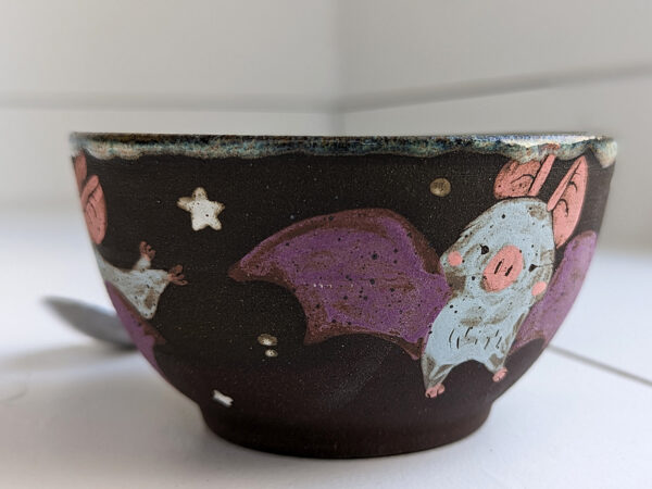 black stoneware handmade bowl with bats cute kness
