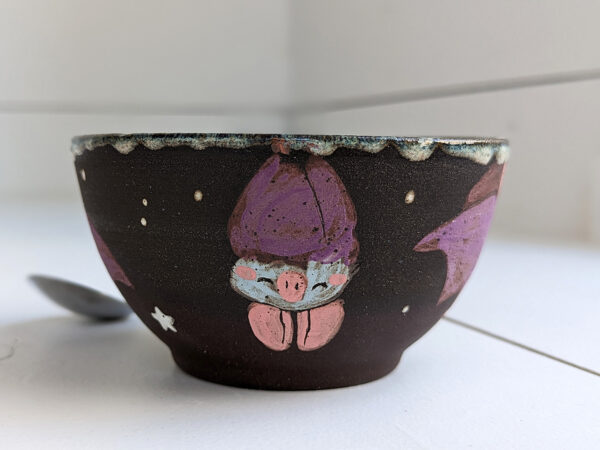 black stoneware handmade bowl with bats cute kness