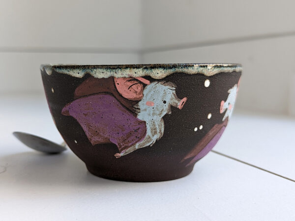 black stoneware handmade bowl with bats cute kness