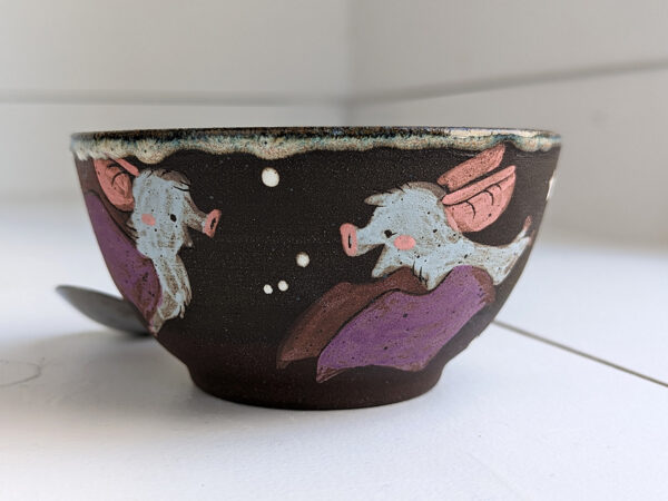 black stoneware handmade bowl with bats cute kness