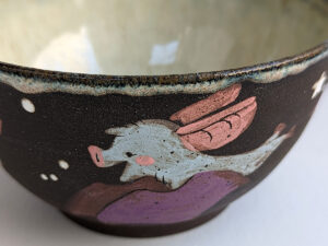 black stoneware handmade bowl with bats cute kness