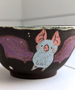 black stoneware handmade bowl with bats cute kness