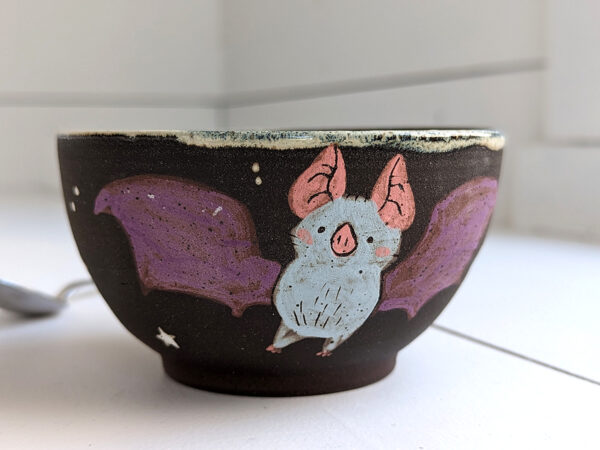 black stoneware handmade bowl with bats cute kness