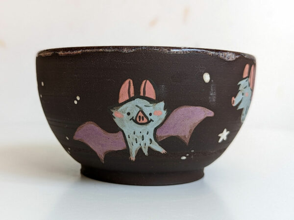 black stoneware handmade bowl with bats cute kness