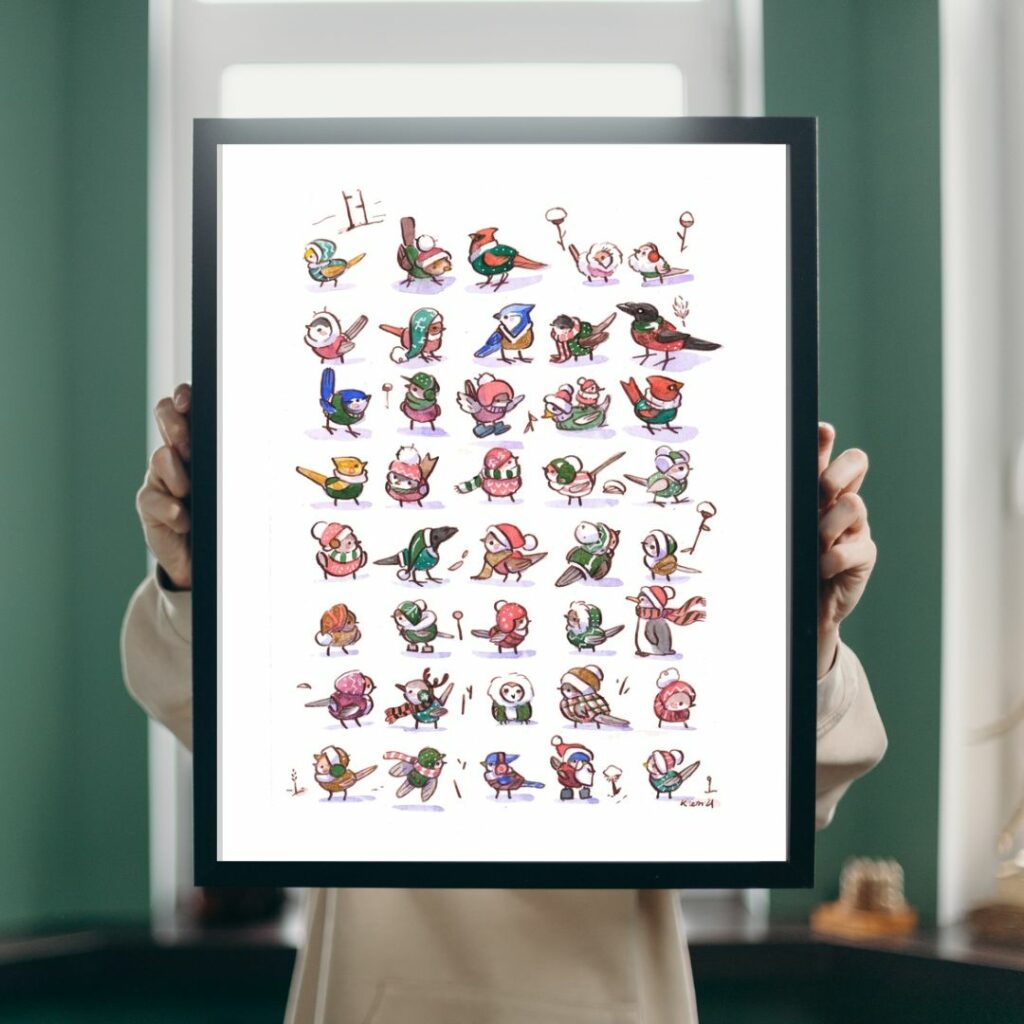 christmas budnled up birds in sweaters kness print framed