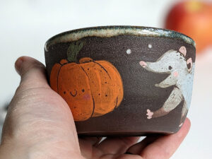 opossum pumpkin cute black stoneware bowl