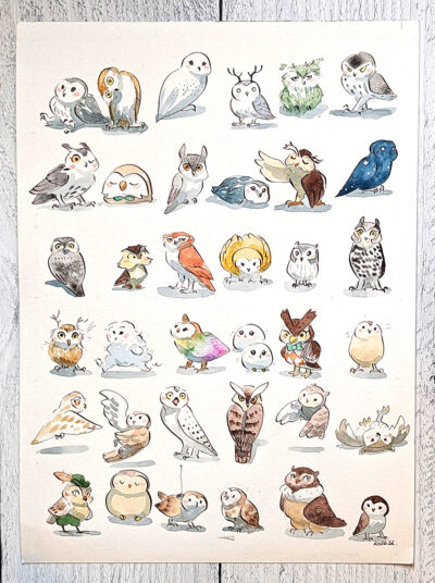 37 Owls Original Watercolor