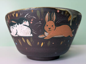 bowl black stoneware and bunnies adorable handmade by kness