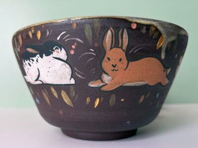 bowl black stoneware and bunnies adorable handmade by kness