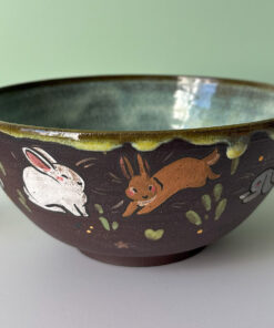 bowl black stoneware and bunnies adorable handmade by kness