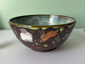 bowl black stoneware and bunnies adorable handmade by kness