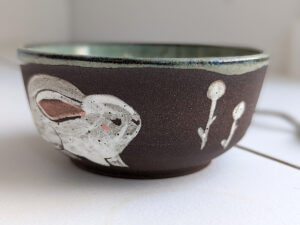 white rabbits small bowl in black stoneware and grey glaze, cute handmade by kness