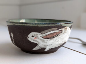 white rabbits small bowl in black stoneware and grey glaze, cute handmade by kness