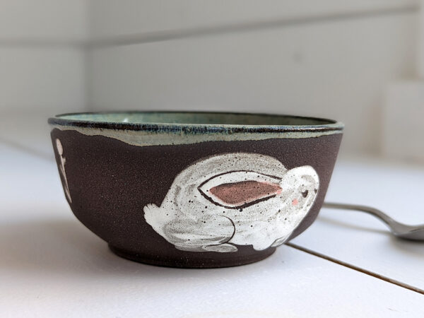 white rabbits small bowl in black stoneware and grey glaze, cute handmade by kness