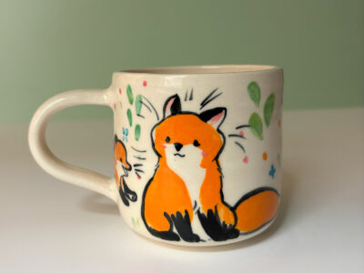 cute red fox family handmade ceramic mug by kness canadian potter