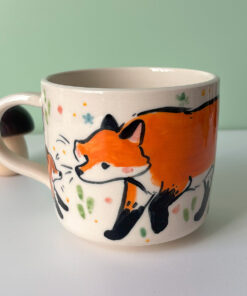 cute red fox family handmade ceramic mug by kness canadian potter