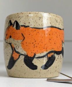 cute cup in speckled clay illustrated with fox and hare - kness