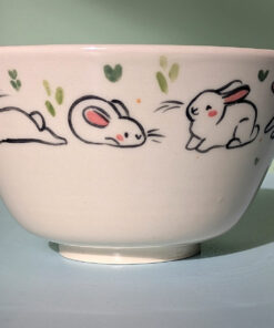 adorable white bunnies bowl porcelain handmade