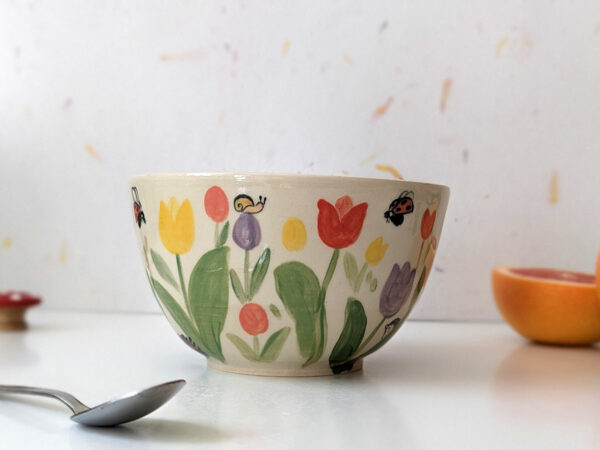 large handmade bowl cute tulip garden and insects
