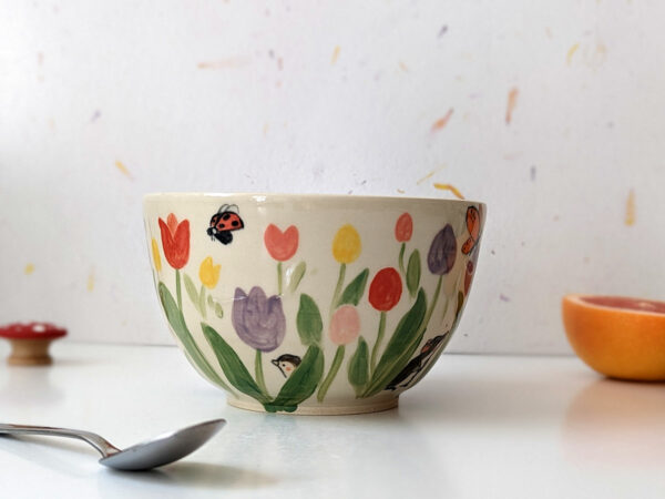 large handmade bowl cute tulip garden and insects