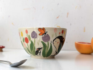 large handmade bowl cute tulip garden and insects