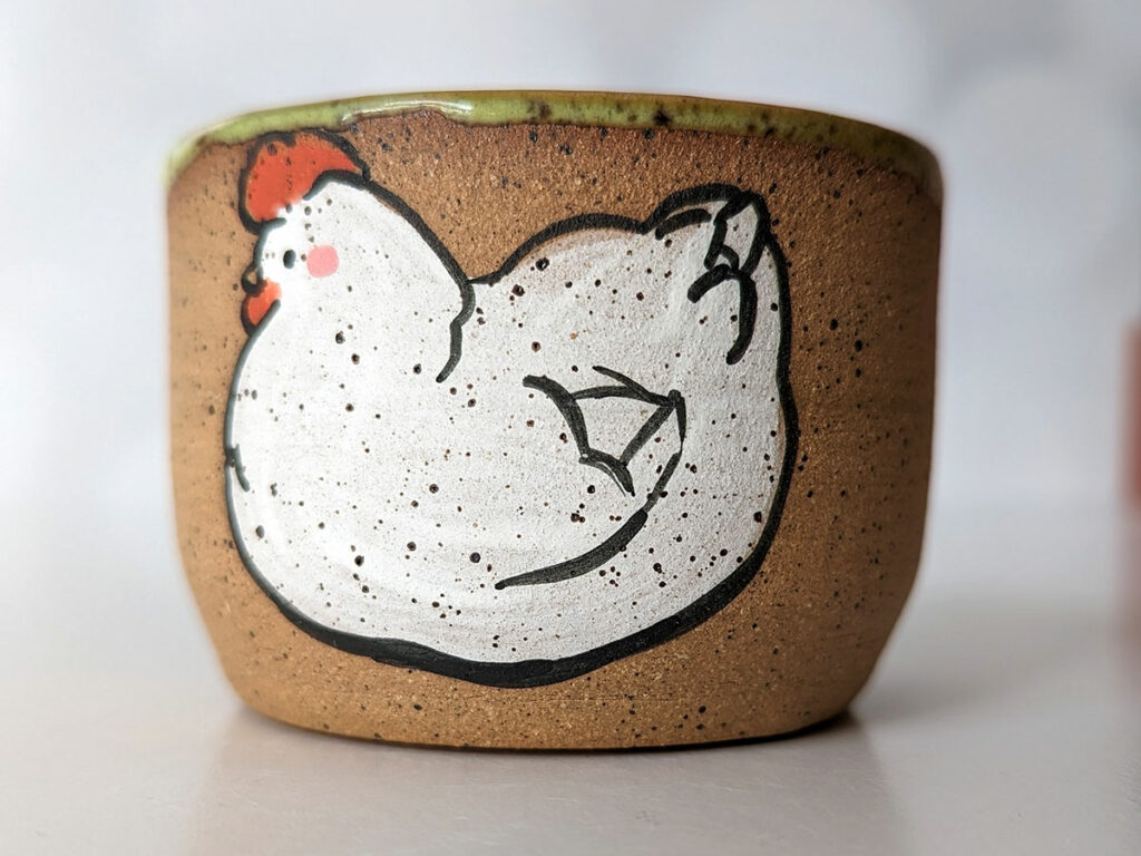 speckled tumbler with hen and chick 